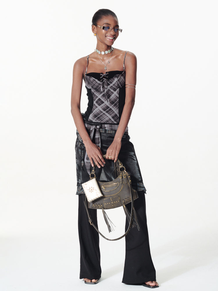 Strappy Contrast Polka Dot Plaid Cami - CHINASQUAD