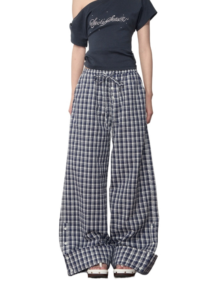 Flapped Loose Navy Checkered Pants - CHINASQUAD