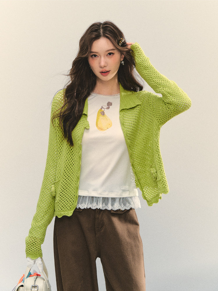 Hollow-out 3D Flower Crochet Lapel Cardigan - CHINASQUAD