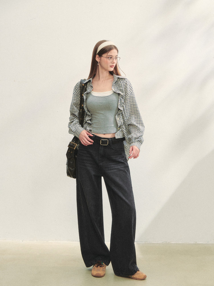 Checkered Contrast Hem Drawstring Pleated Shirt - CHINASQUAD