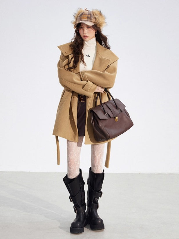 Double-Breasted Wool Blend Stand-Collar Coat