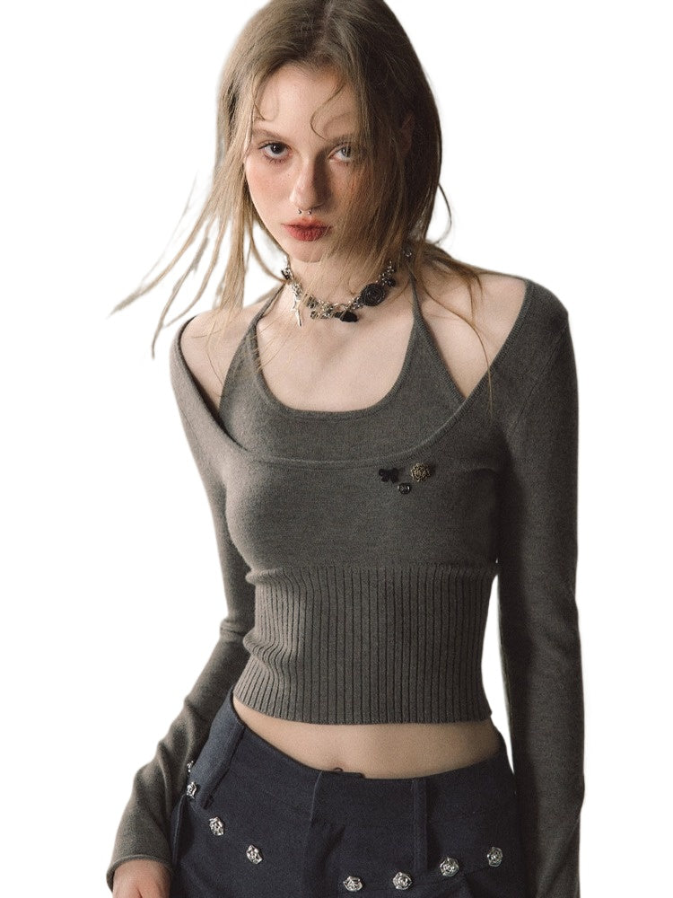 Green & Apricot Halter 2-in-1 Knitted Short Sweater - CHINASQUAD