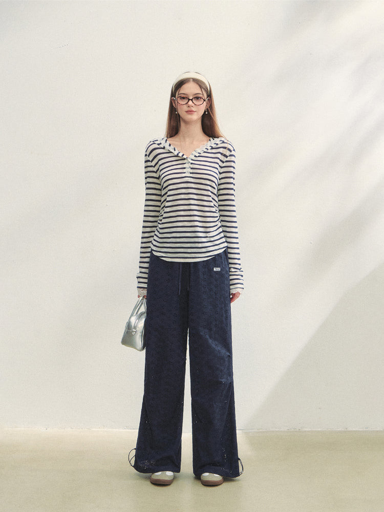 Striped Color-block Lace Spliced T-Shirt - CHINASQUAD