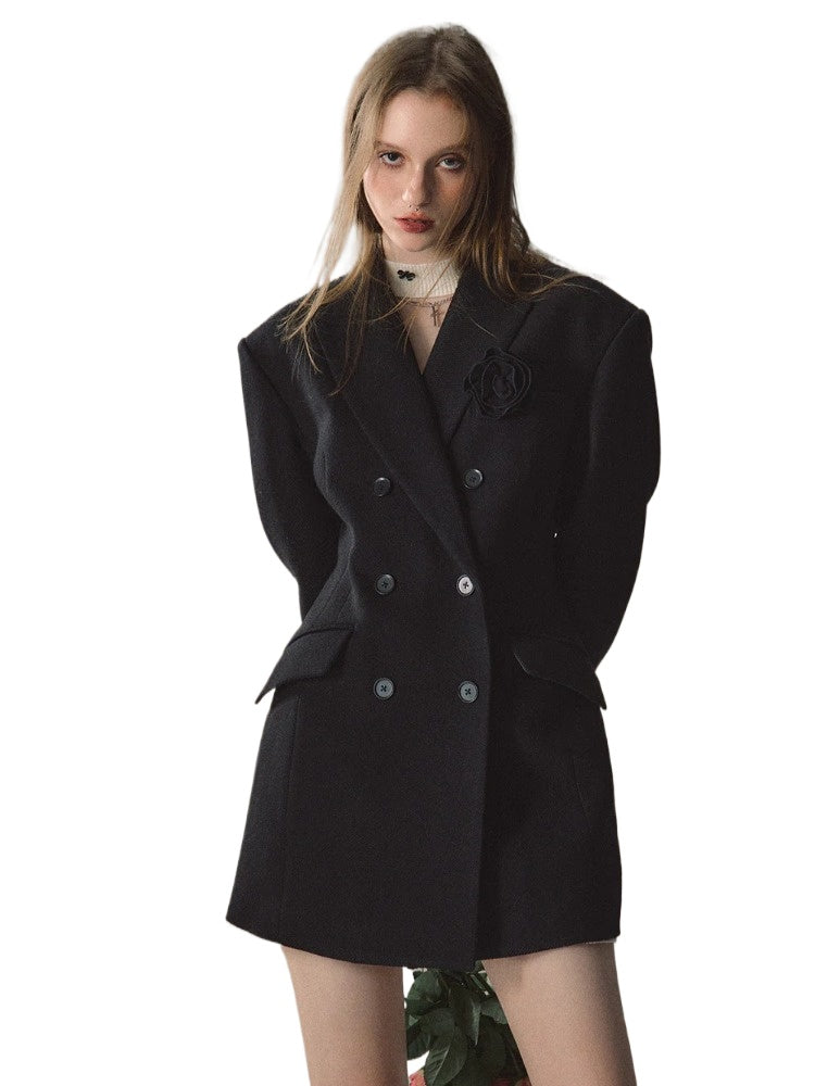 Black & Apricot Double-breasted Wool Blazer - CHINASQUAD