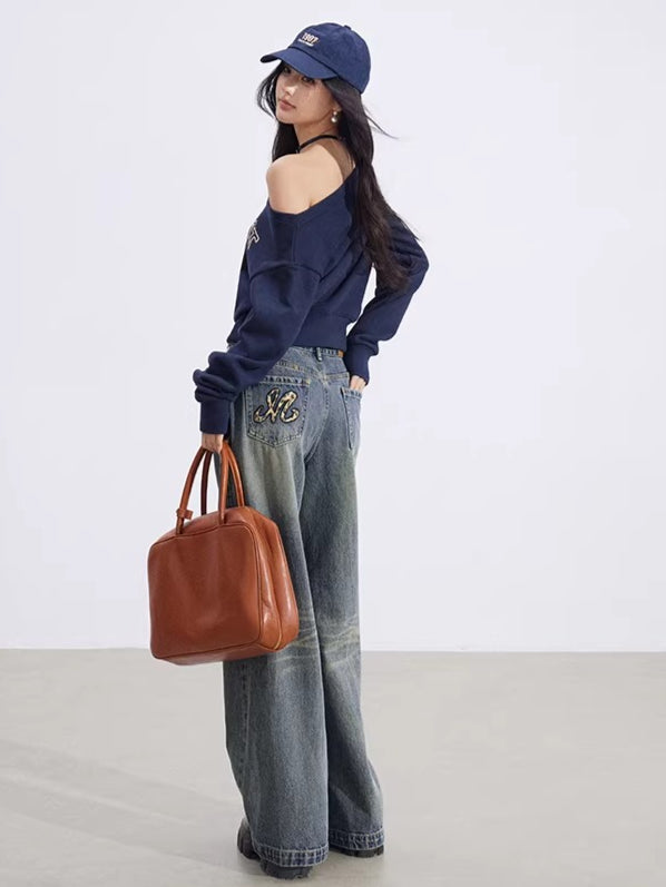 Leopard-Print Panelled Wide-Leg Denim Pants