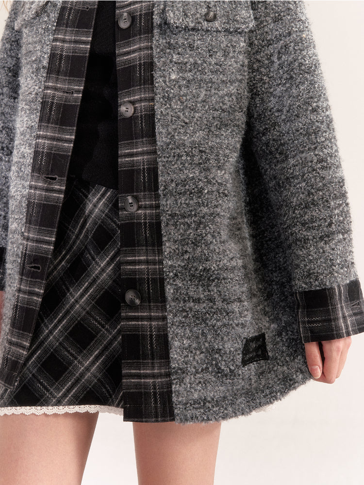 Plaid Patchwork Wool-Blend Coat - CHINASQUAD