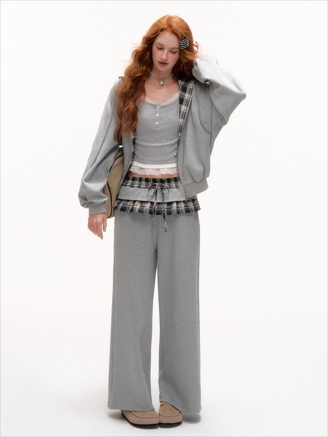 Plaid Patch Embroidered Sweatshirt & Ruffled Waist Pants Set - CHINASQUAD
