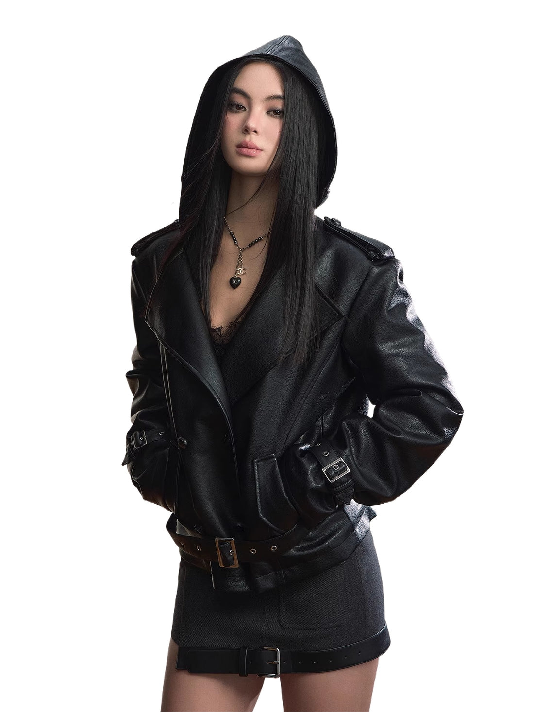 Faux Shearling-Lined Hooded PU Moto Jacket