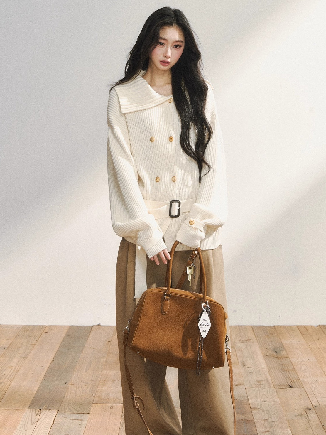 Double-Breasted Belted Knit Cardigan