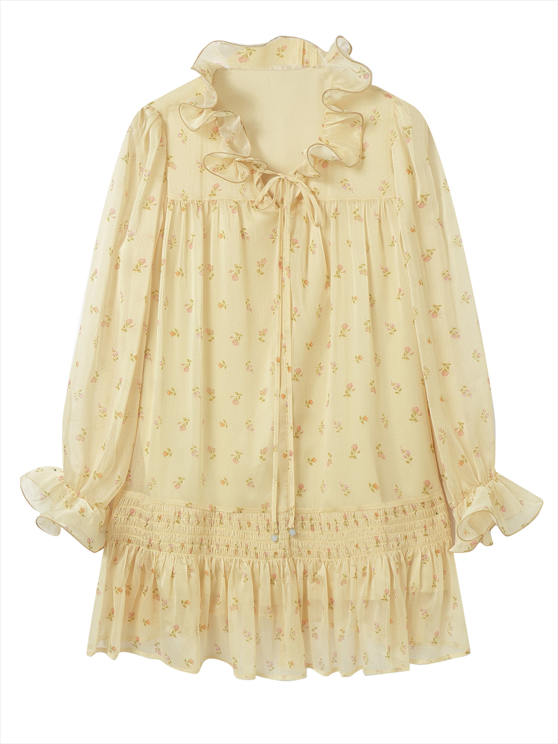 Ruffled Floral Long Sleeve Dress - CHINASQUAD