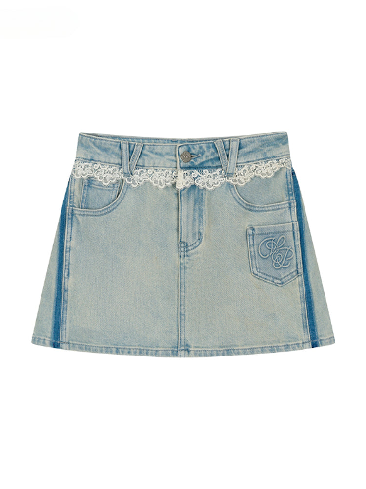 Light Blue Lace Panel Skirt - CHINASQUAD