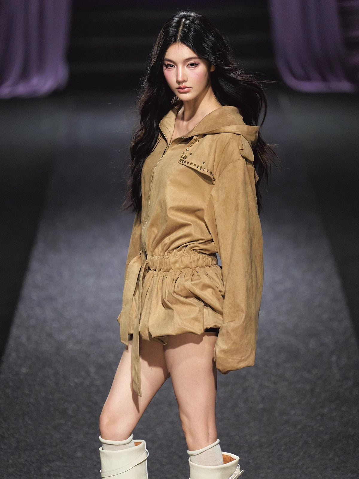 Studded Suede Hooded Trench Coat - CHINASQUAD