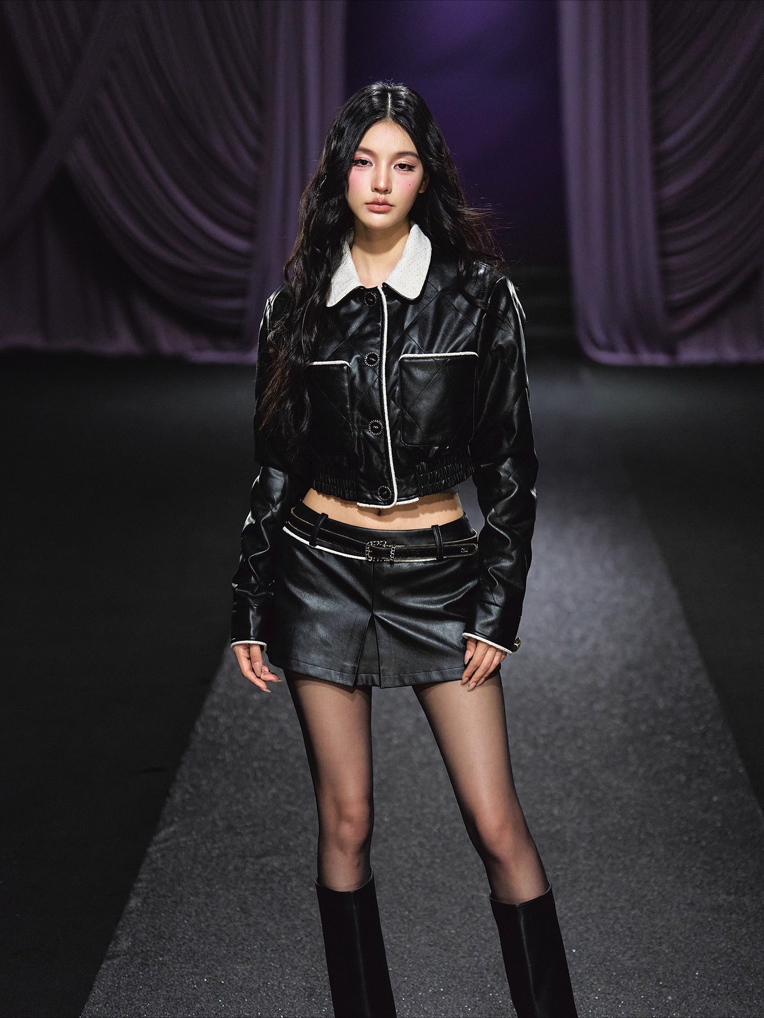 Contrast Trim Quilted Leather Jacket & Skirt Set - CHINASQUAD