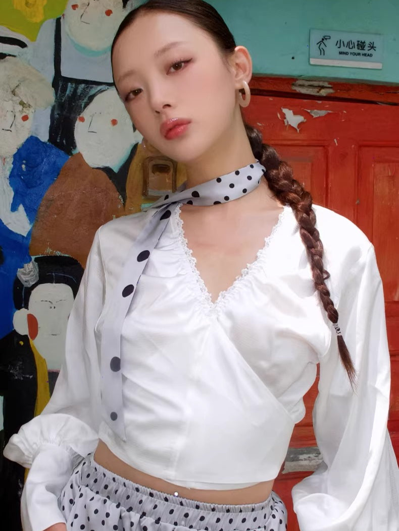 Convertible Ruched V-Neck Acetate Blouse