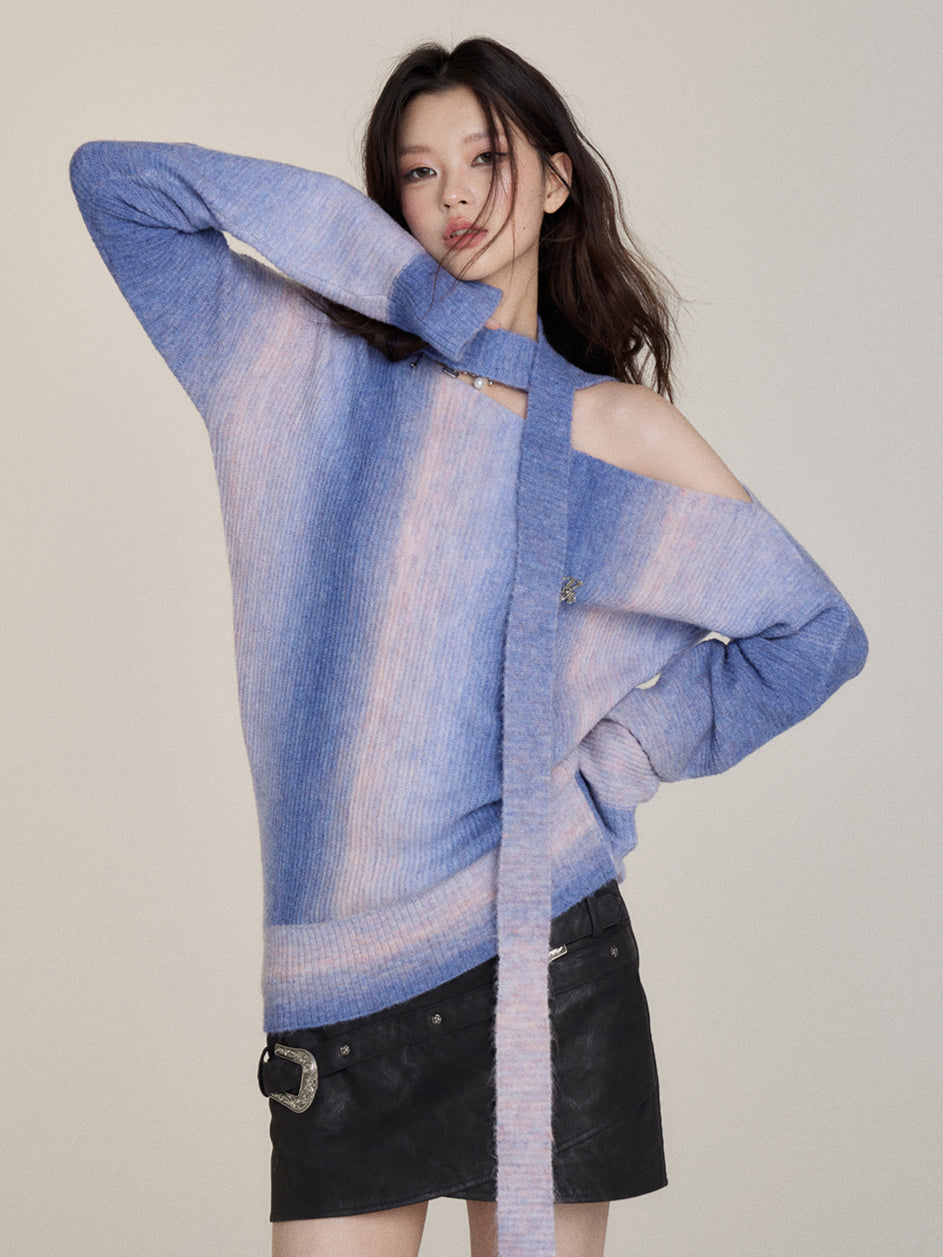 Designed Off-Shoulder Gradient Sweater - CHINASQUAD