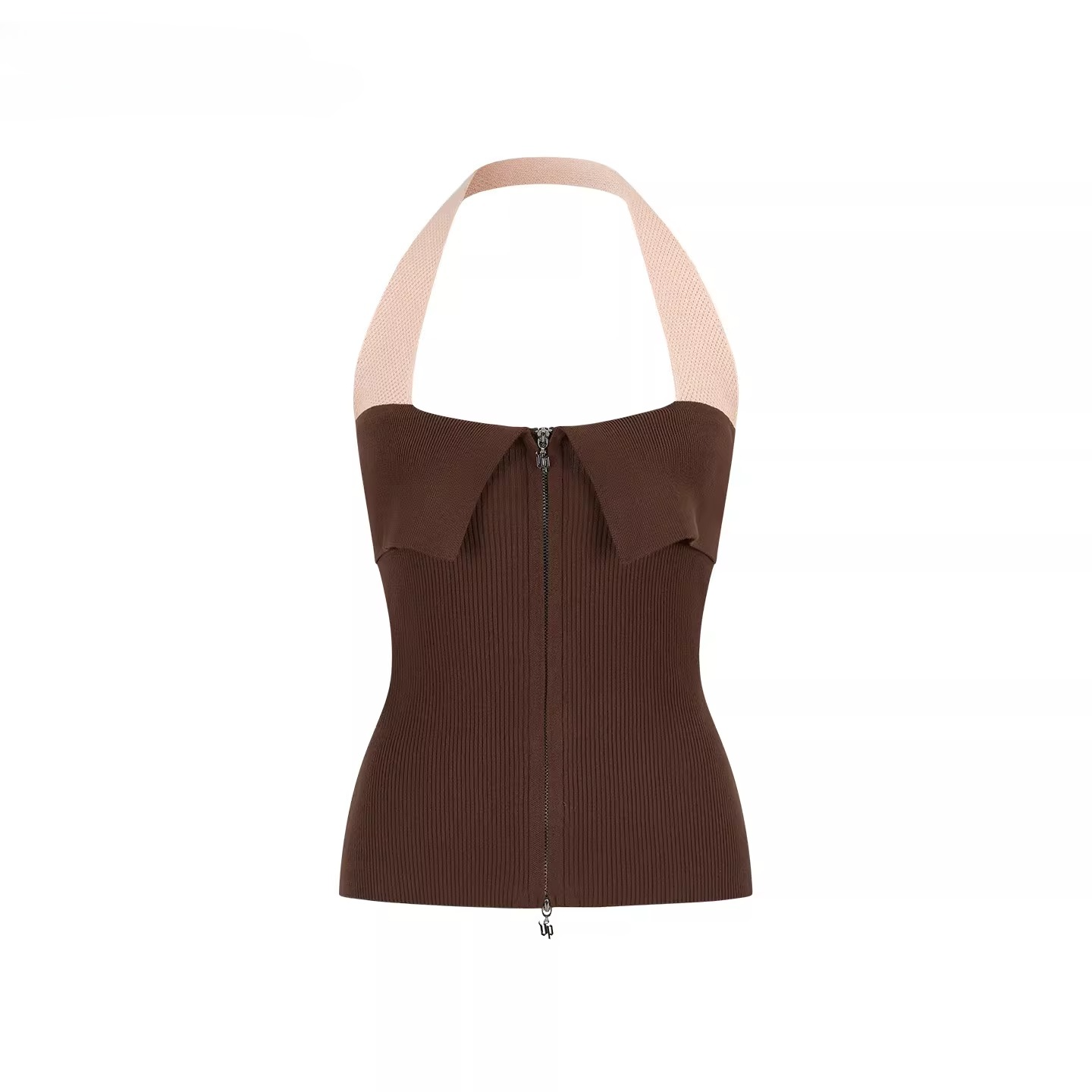 Contrast Halter Zip-Up Knit Tank Top