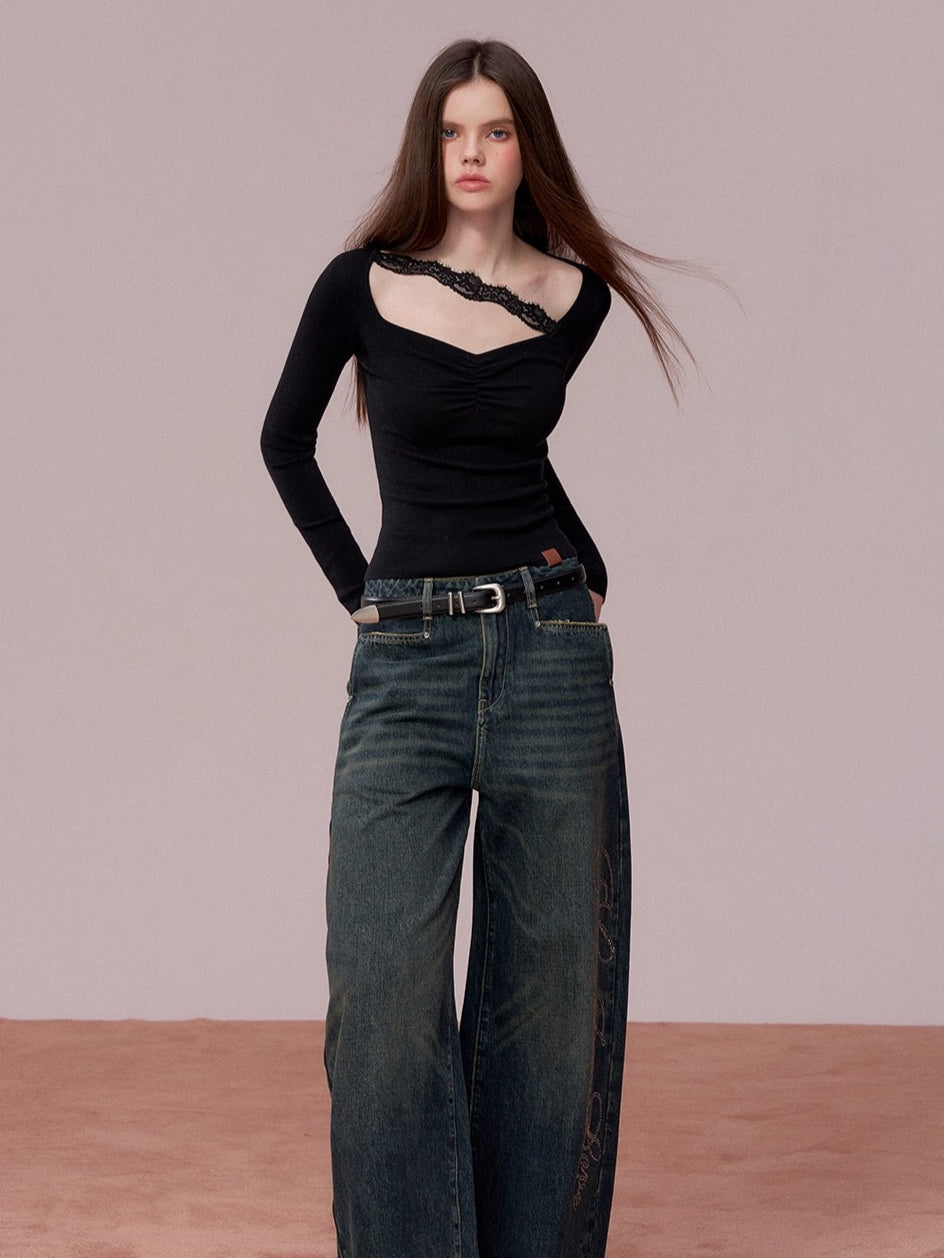 Ruched Lace-Trim Fitted Knit T-Shirt