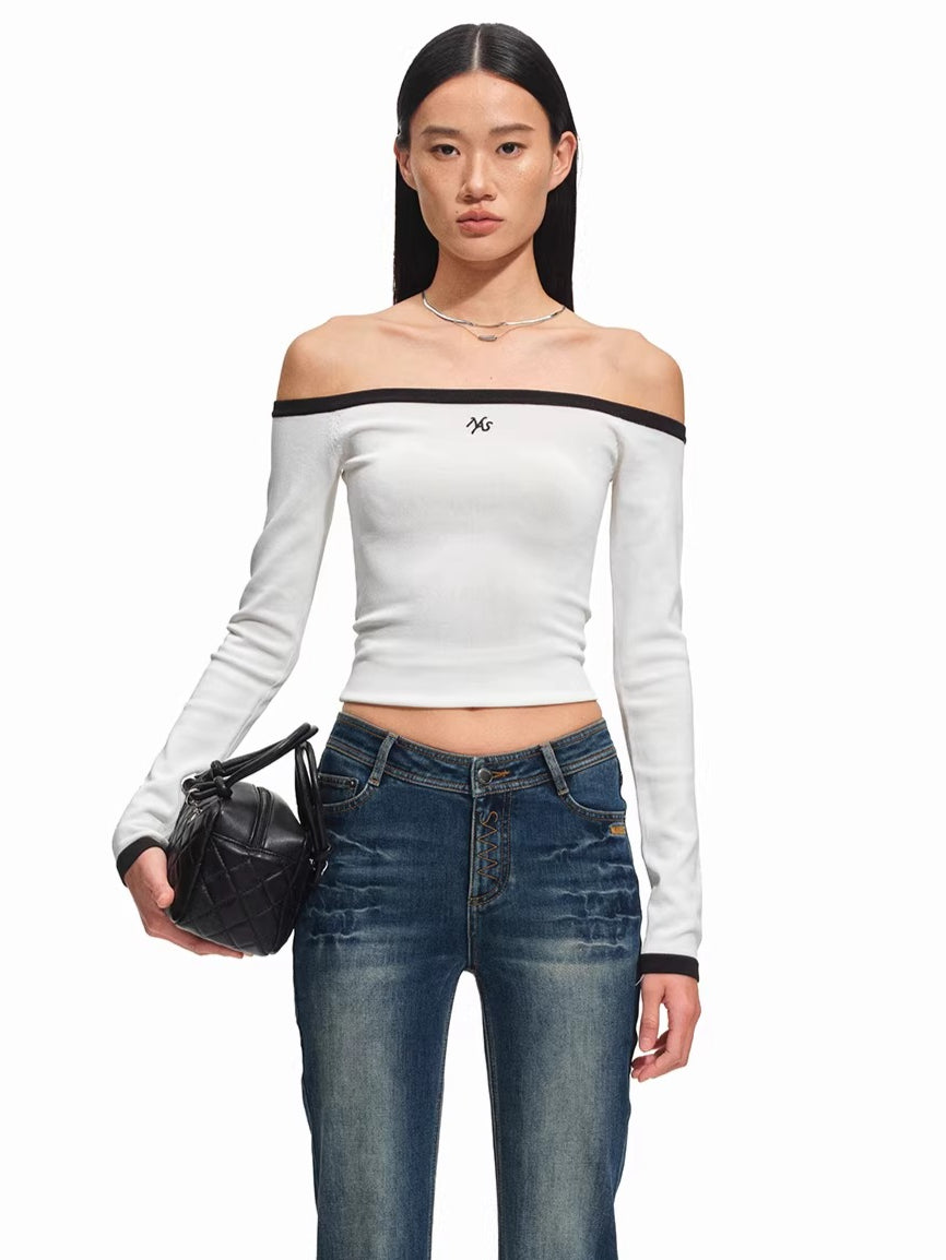 Kelly Off-Shoulder Contrast Knit Crewneck
