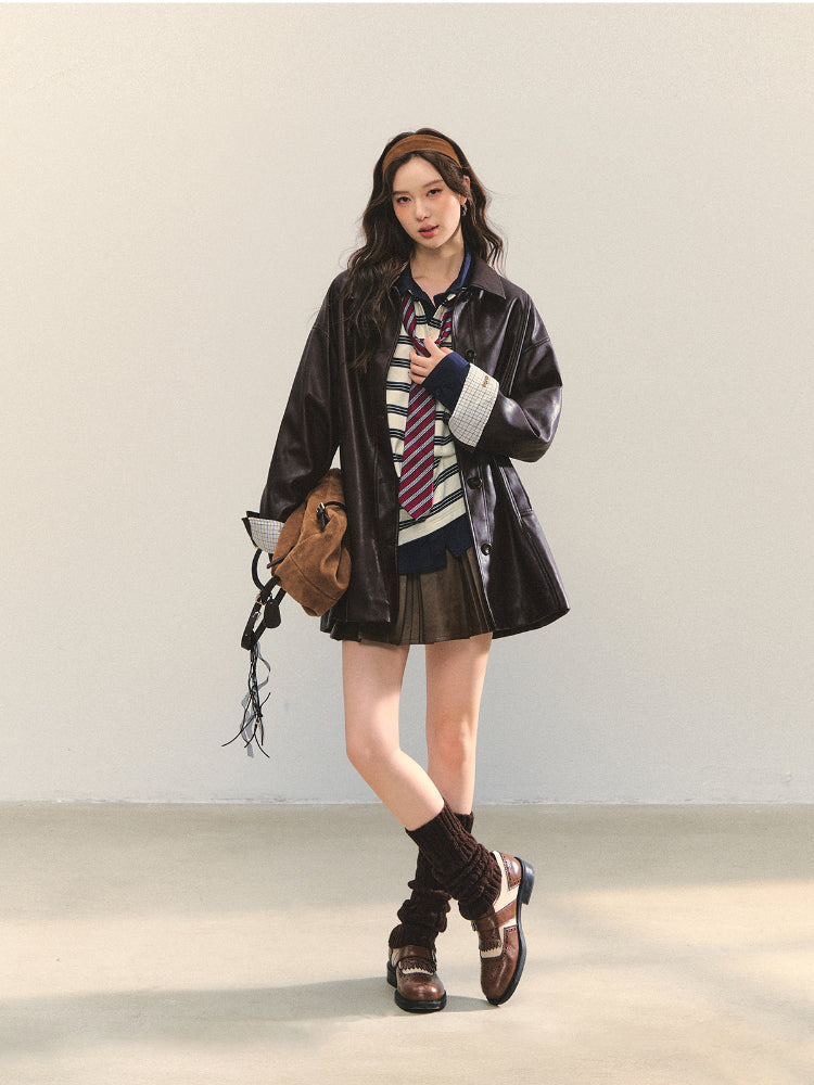 Black H-shaped Cuff Checkered Spliced Leather Jacket - CHINASQUAD