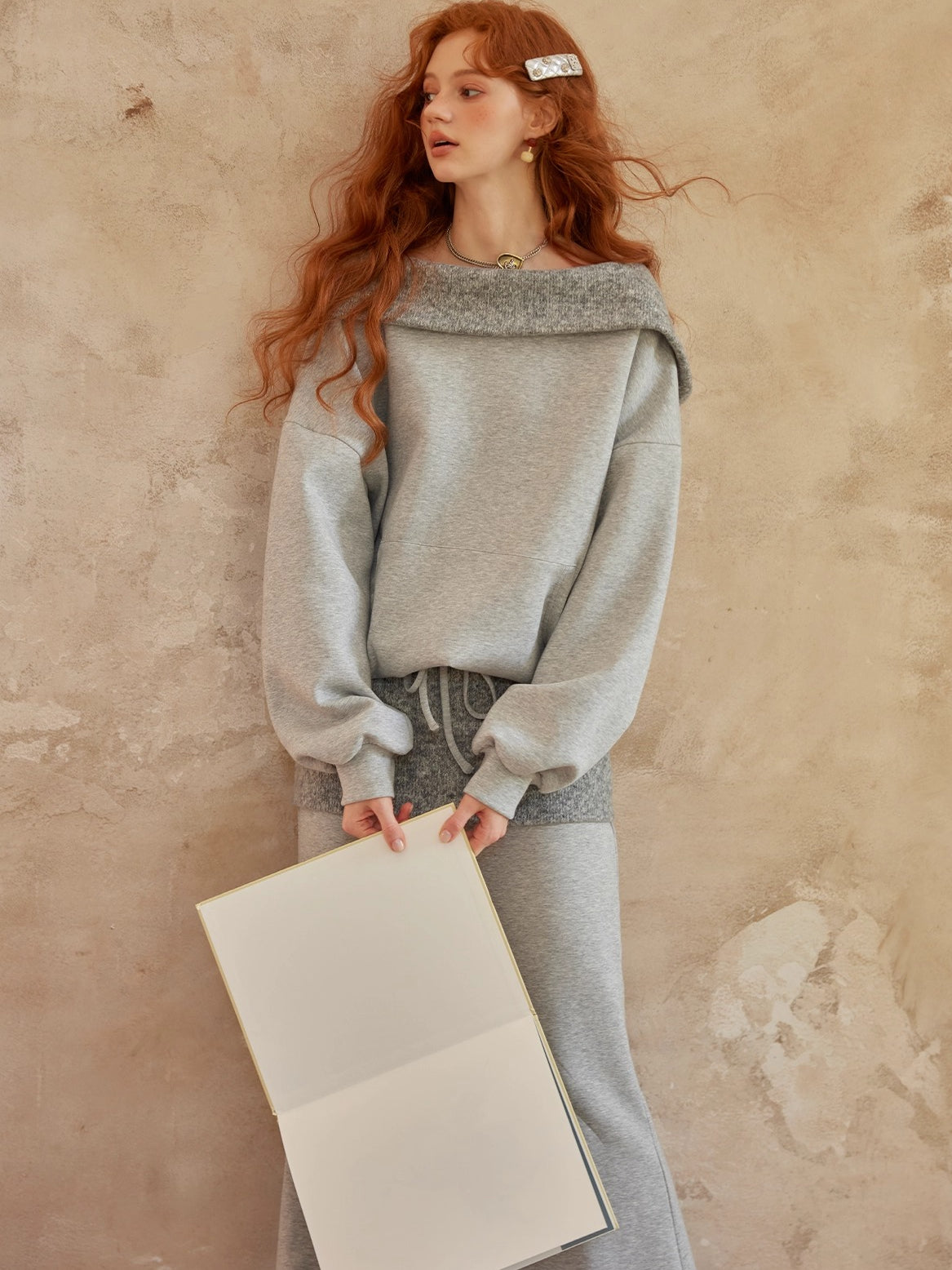 Grey Off-Shoulder Sweatshirt & Flared Pants Two-Piece Set