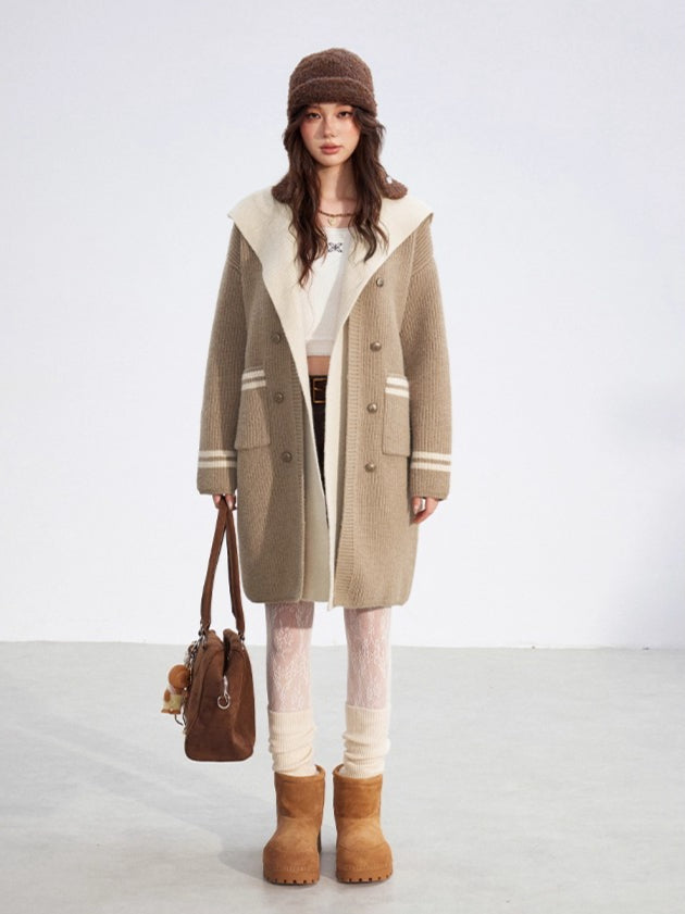 Detachable Collar Knit Hooded Long Cardigan - CHINASQUAD