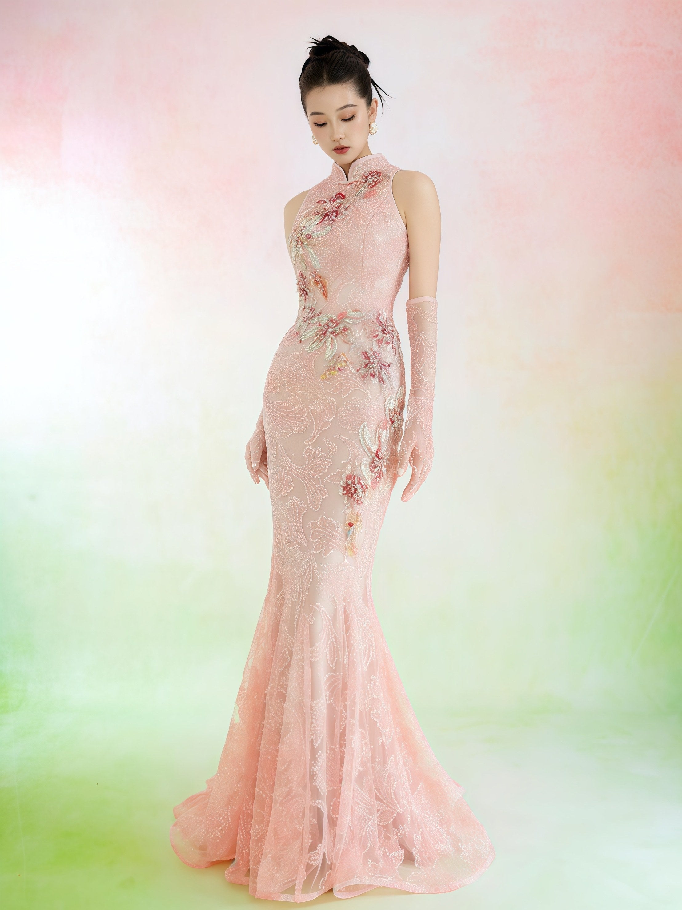 Blush Embroidered Halter Mermaid Evening Gown