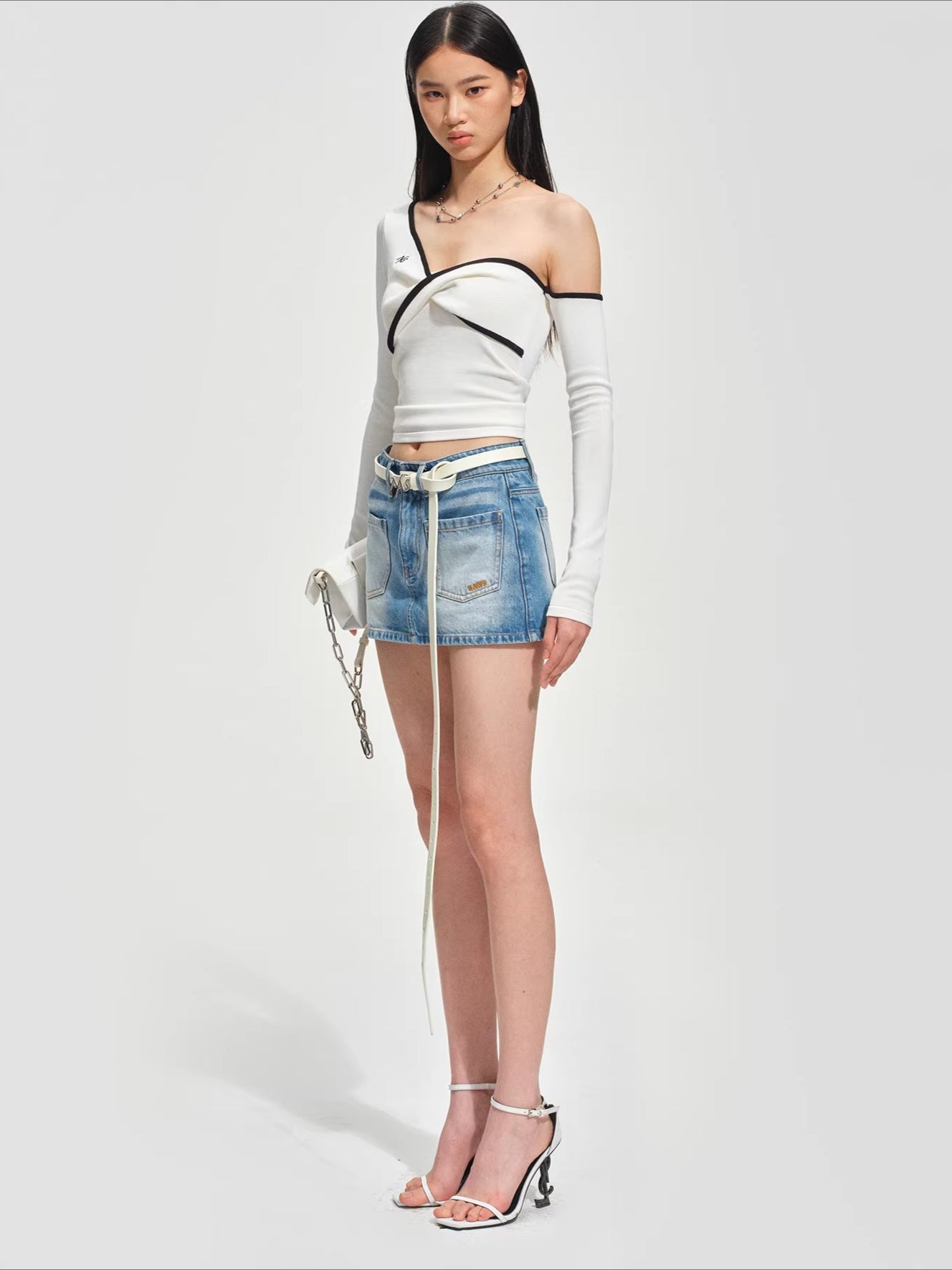 Sculpted Twist Asymmetric Off-Shoulder Knit Crewneck