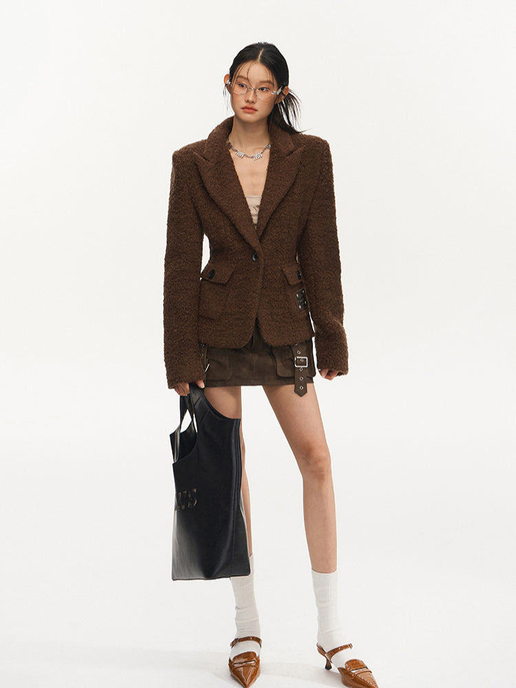 Brown Vintage Waist Woolen Blazer - CHINASQUAD