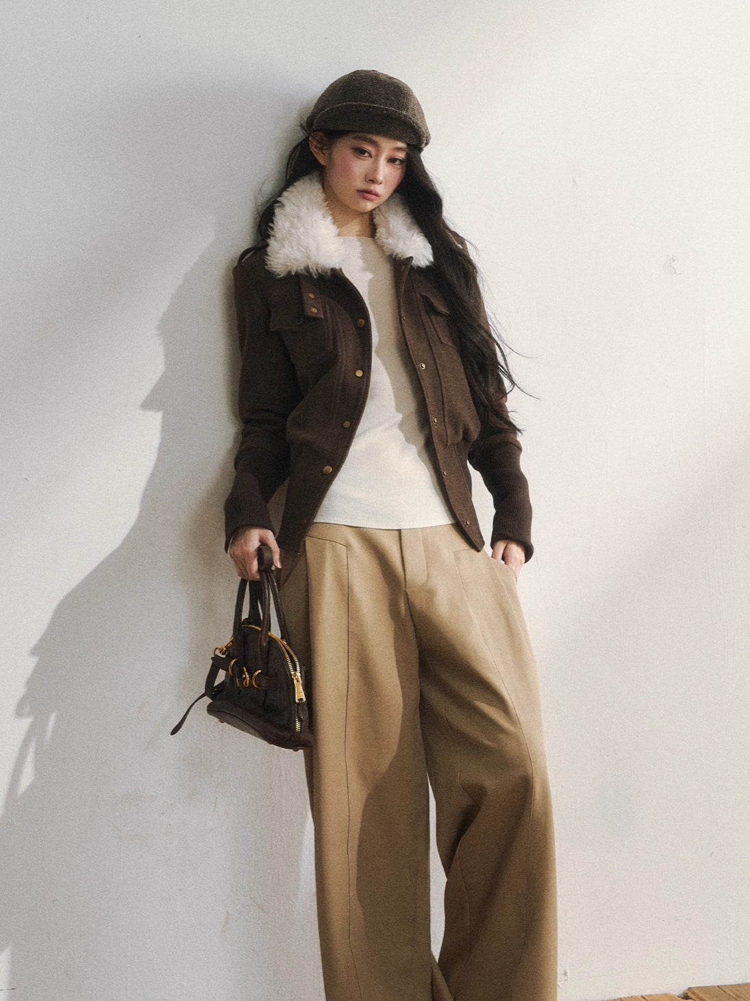 Vintage-Inspired Brown Fleece Lining Wool-Blend Jacket