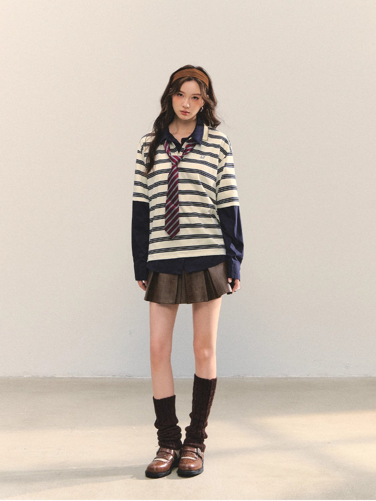 Coffee A-Line Belted Pleated Leather Skirt
