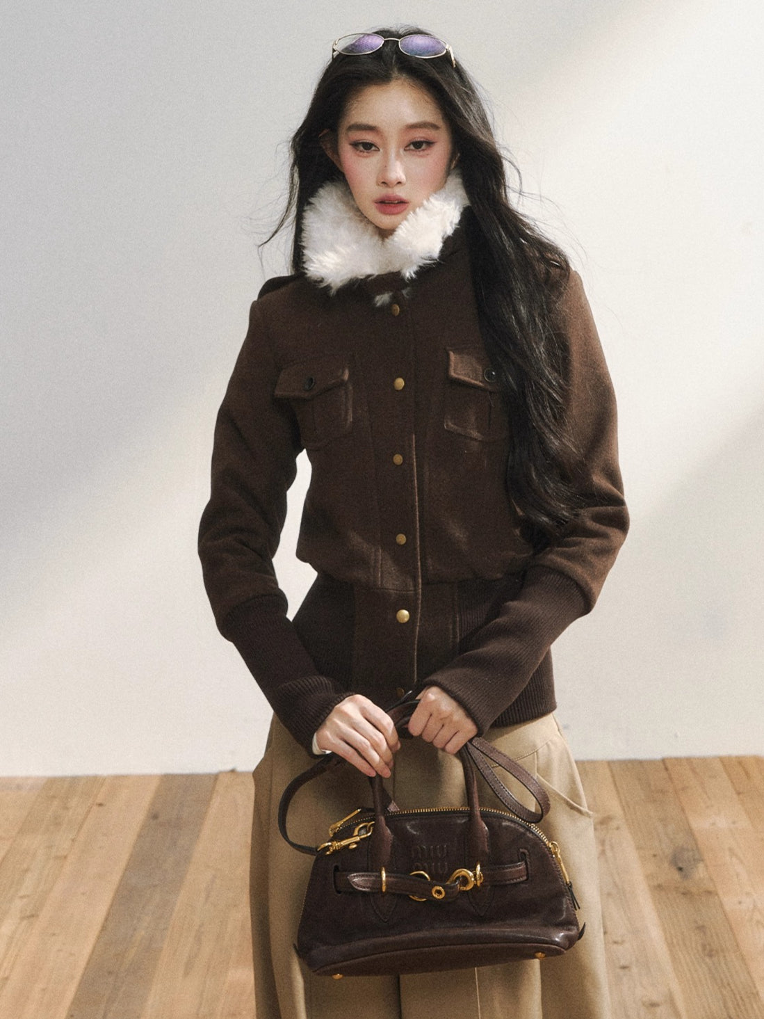 Vintage-Inspired Brown Fleece Lining Wool-Blend Jacket