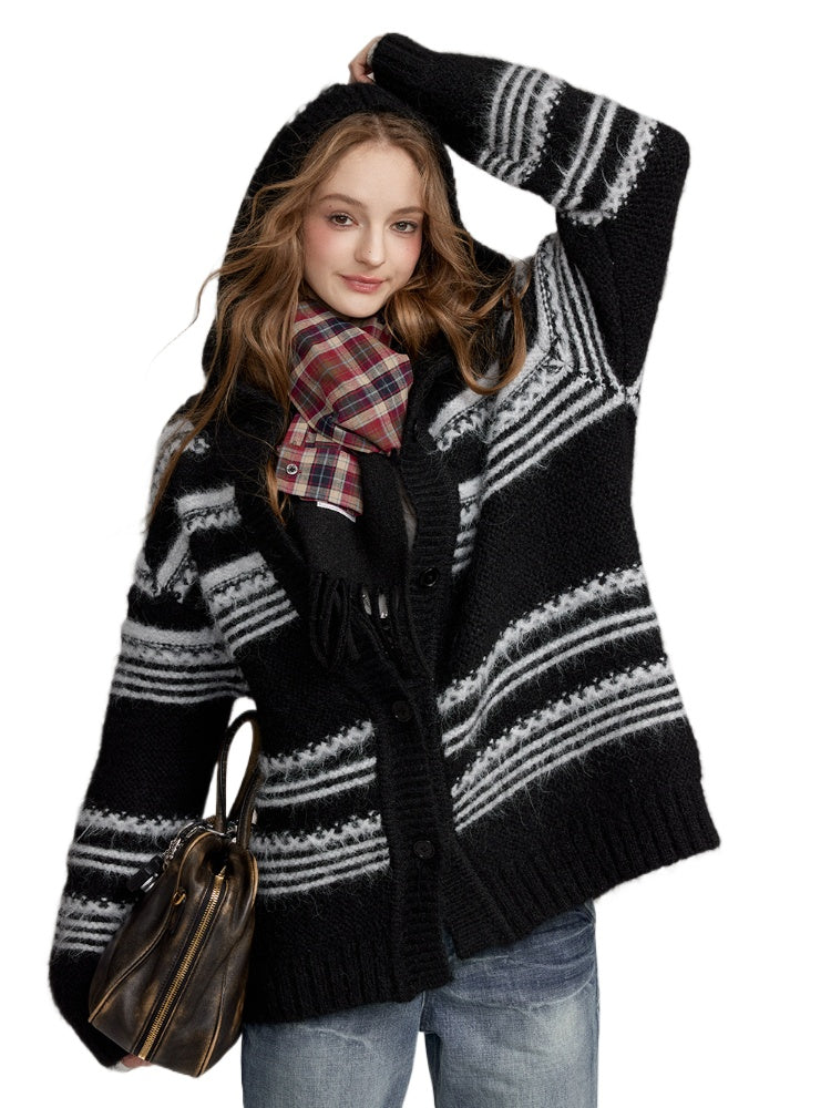Striped Hooded Knit Cardigan - CHINASQUAD