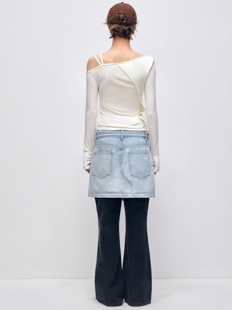 Color Block PatchworkFake Two-Piece Denim Flared Skirt Pants - CHINASQUAD