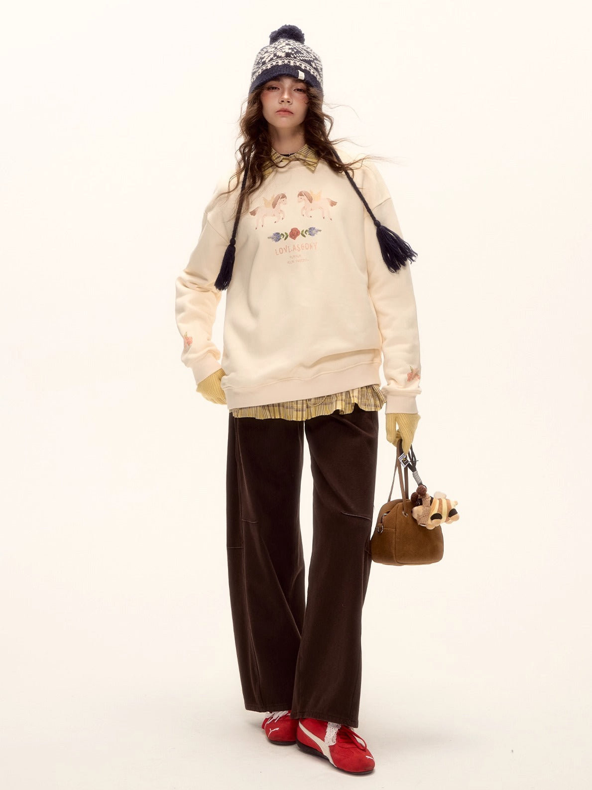 Floral Pony Print Fleece-Lined Pullover Sweatshirt