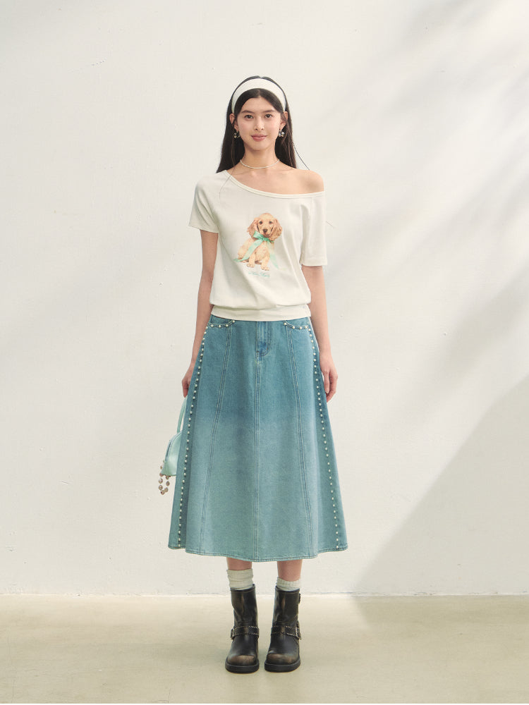 Asymmetric Shoulder Bow Puppy Printed T-Shirt - CHINASQUAD