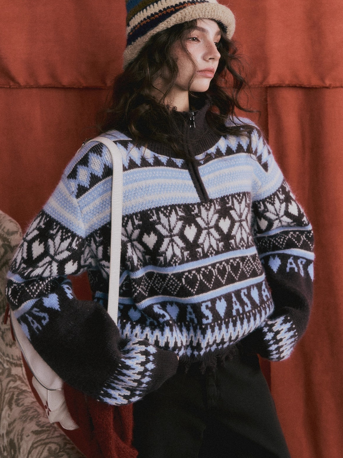 Vintage Fair Isle Half-Zip Fringe Hem Sweater