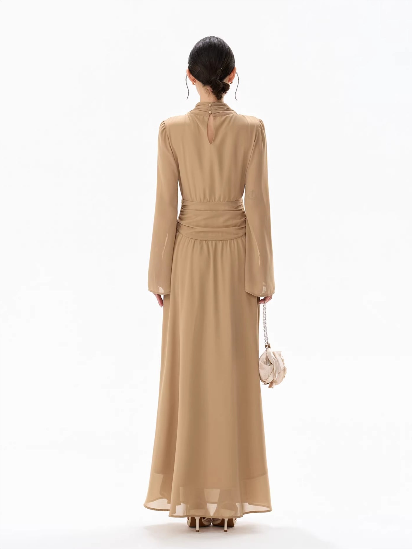 French Ribbon-Tie V-Neck Chiffon Maxi Dress