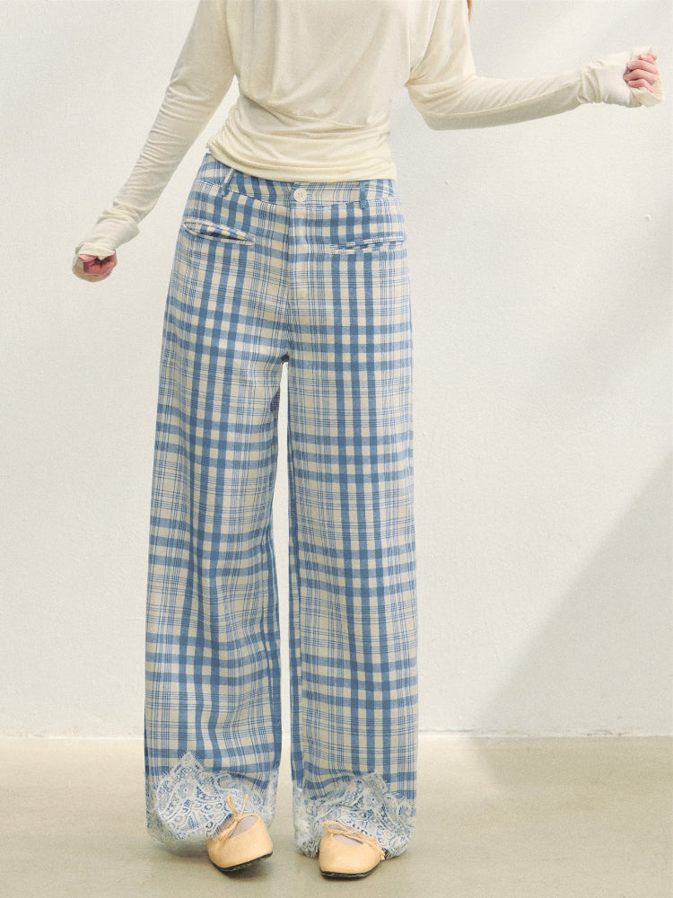 Lace Panel Checked Straight-Leg Pants - CHINASQUAD
