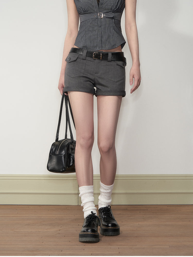 Grey Patch-Pocket Low Waist Suit Shorts - CHINASQUAD