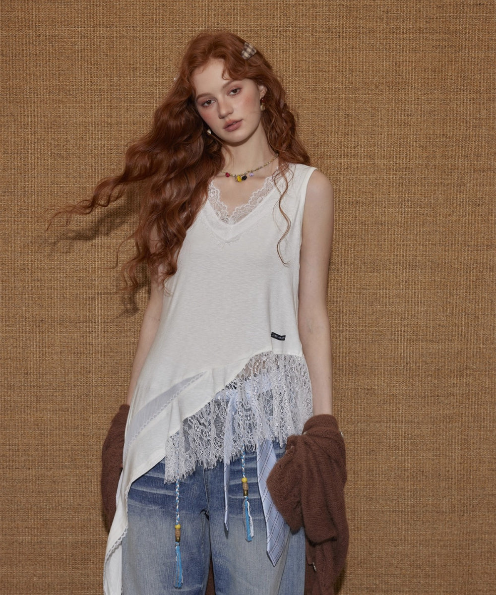 Vintage Lace Trim V-Neck Tank Top - CHINASQUAD
