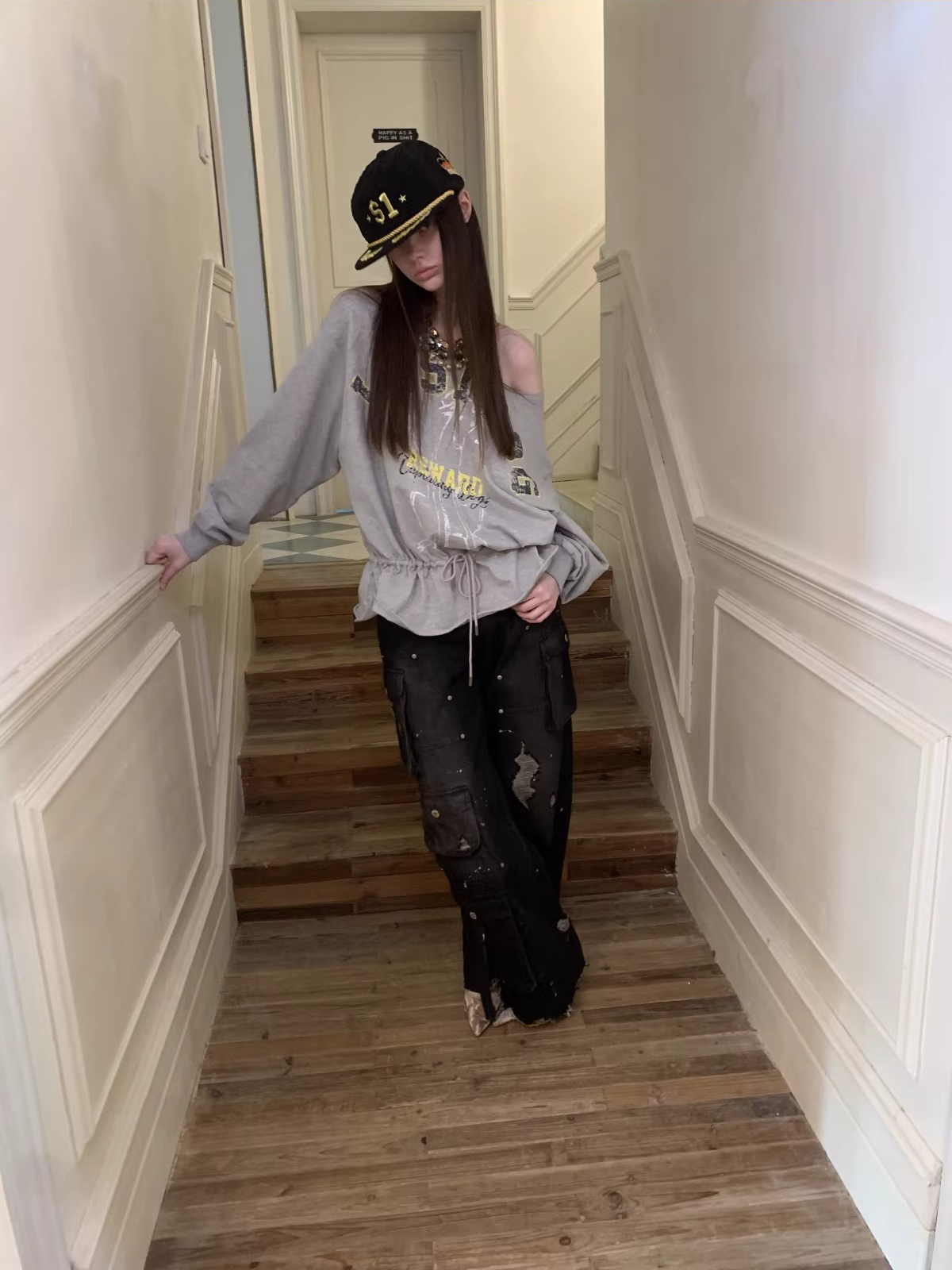 Asymmetric Graphic Drawstring Hoodie