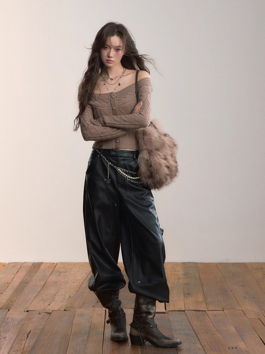 Off-Shoulder Cable Knit Cardigan - CHINASQUAD