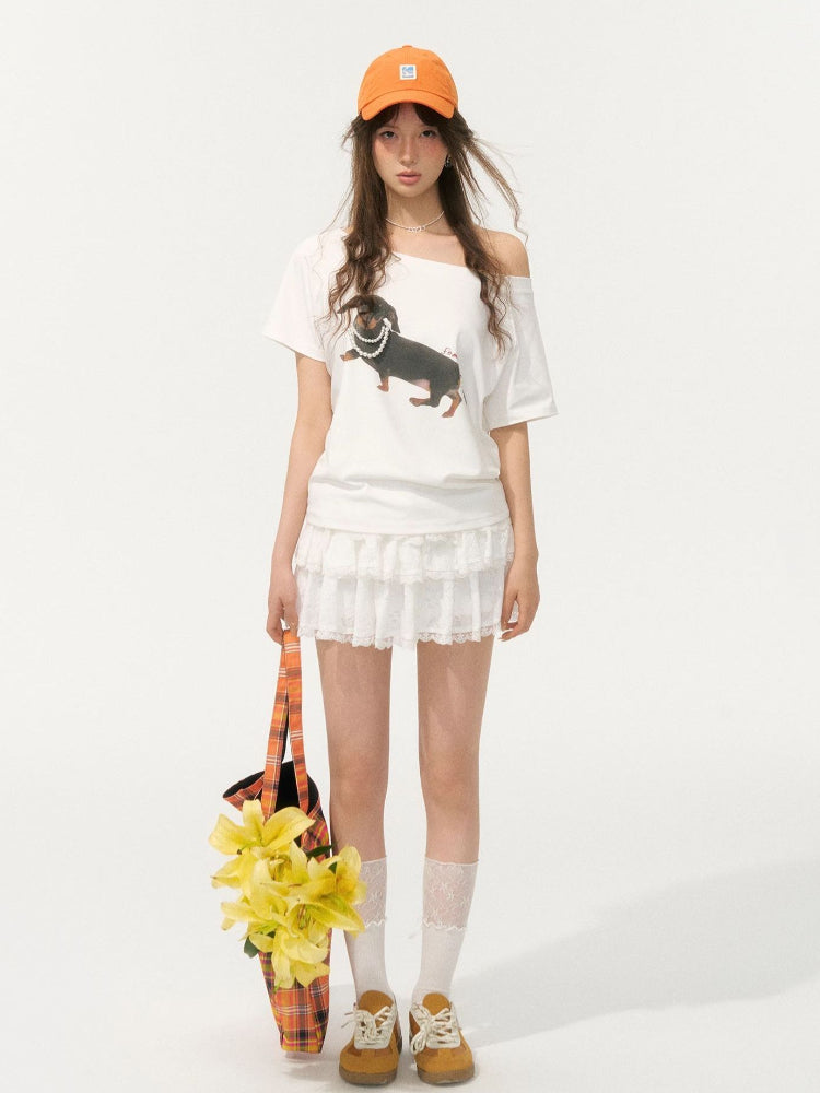 Off-Shoulder Pearl Embroidered Asymmetrical T-shirt - CHINASQUAD