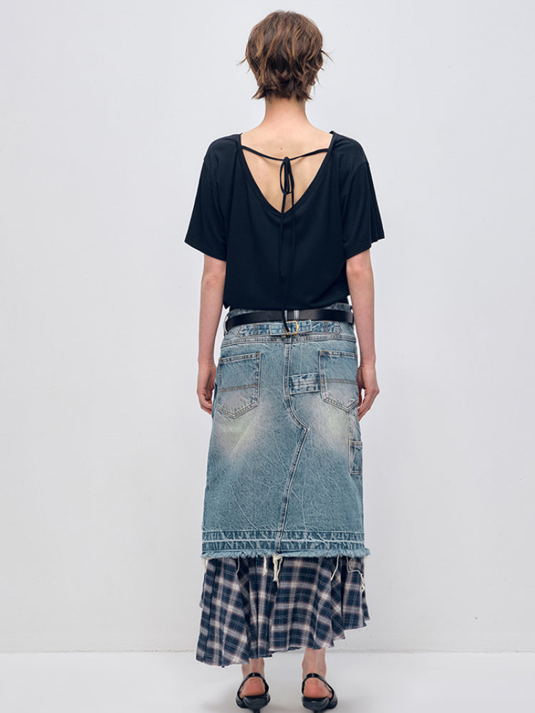 Irregular Denim Patchwork Plaid Fish Tail Skirt - CHINASQUAD