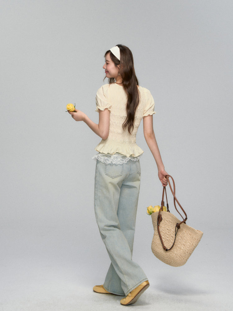 Three-Dimensional Flower Pleated Short-Sleeve Blouse - CHINASQUAD