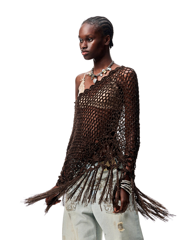 Hollow Out One-Piece Fringed Knit Shrug - CHINASQUAD
