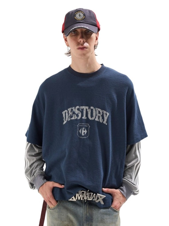 Faded Print Layered-Effect Patchwork Long Sleeve T-Shirt - CHINASQUAD