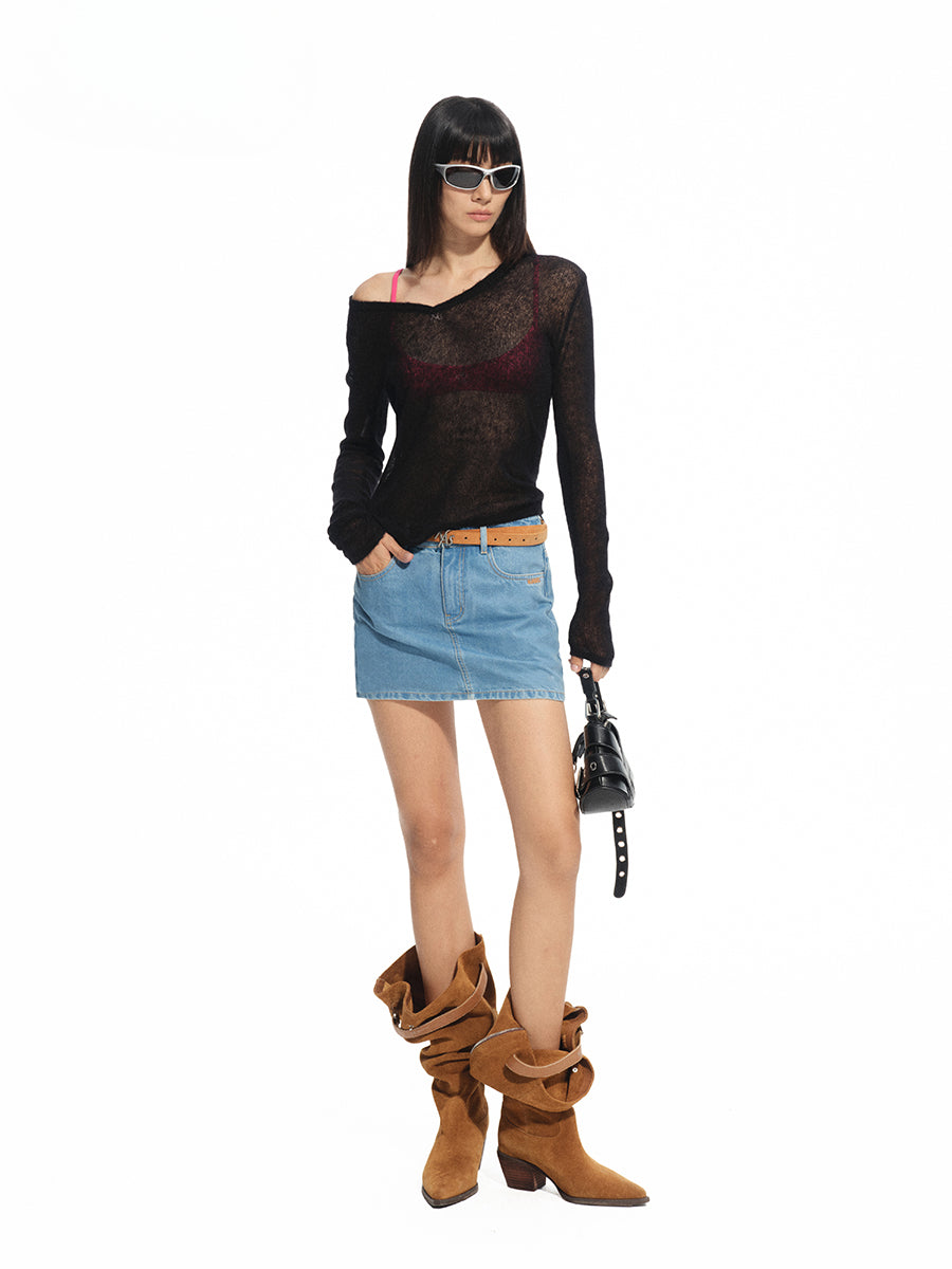Denim Mid-rise Straight Pencil Skirt - CHINASQUAD