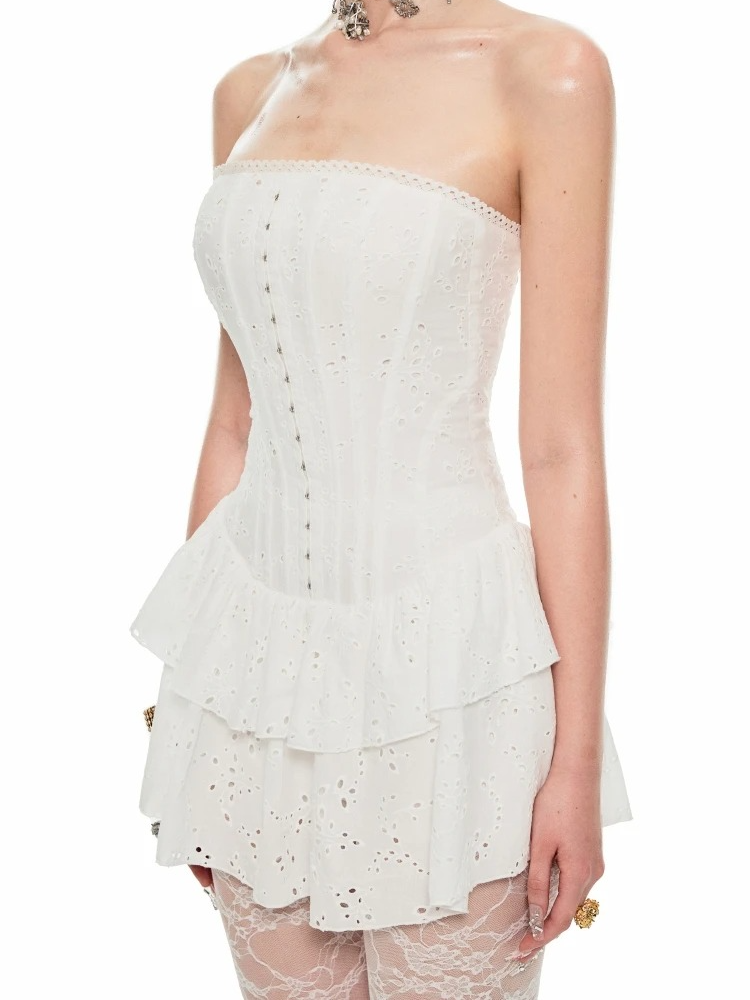 White Embroidered Chevron Dress