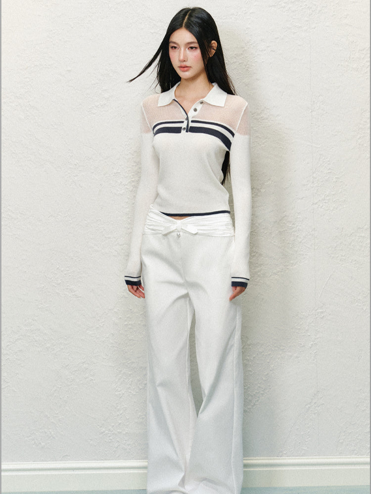 Off-Shoulder Colorblock Polo Long Sleeve Top - CHINASQUAD